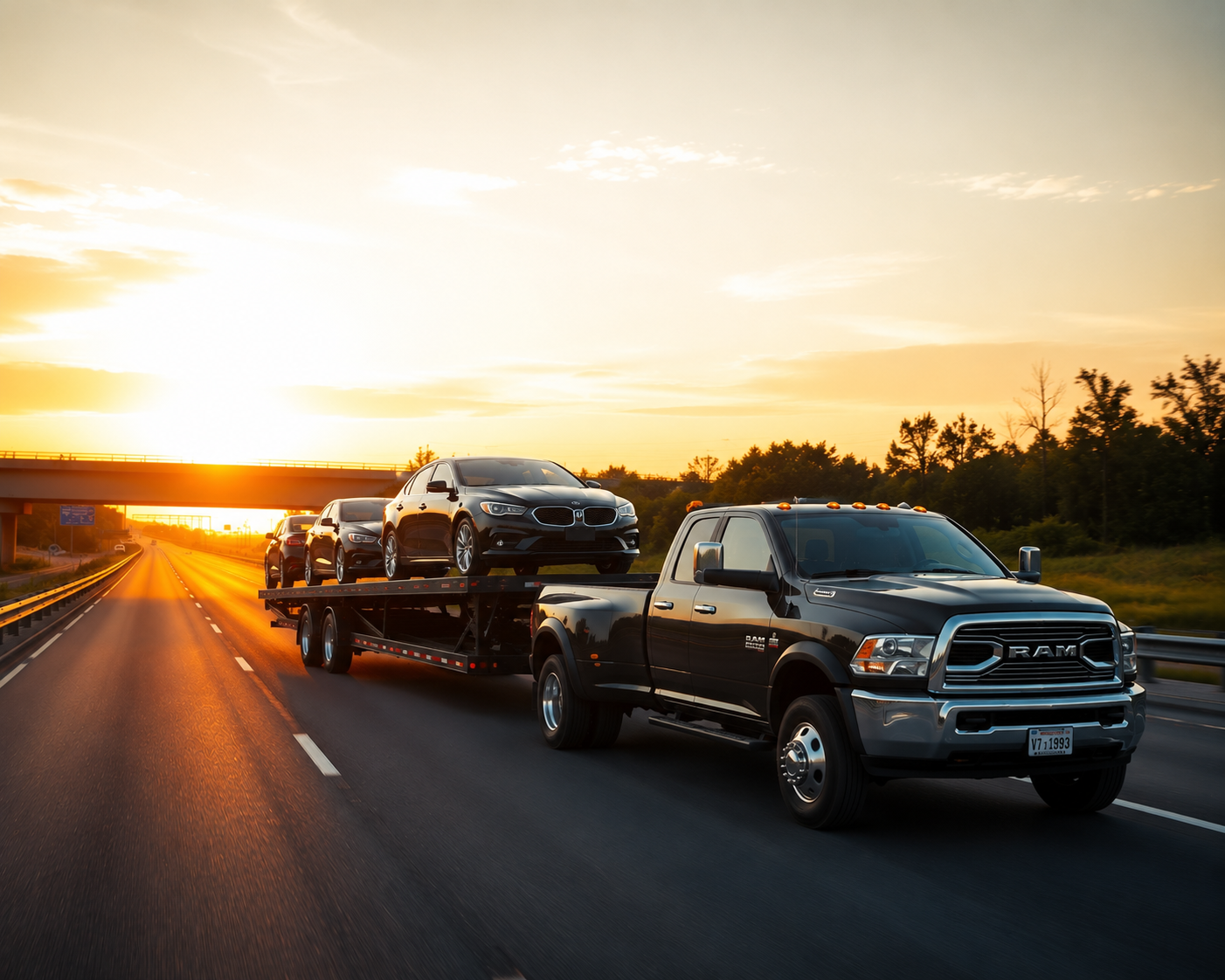 LaneCraft 3-car hauler on the highway at sunset